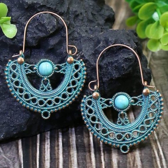 Turquoise and Patina Brass Boho Hoop Earrings - Picture 2 of 4